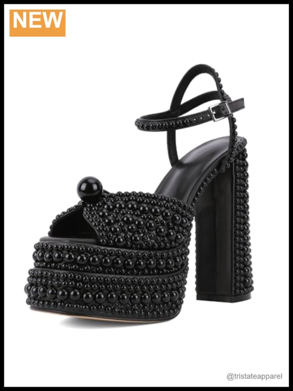 Women's Pearl Platform High Heels Round Toe Ankle Strap Chunky Sandals Wedding